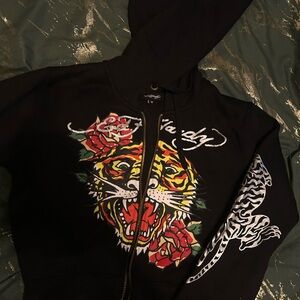 Ed Hardy Black Hoodie with Tiger and Floral Art